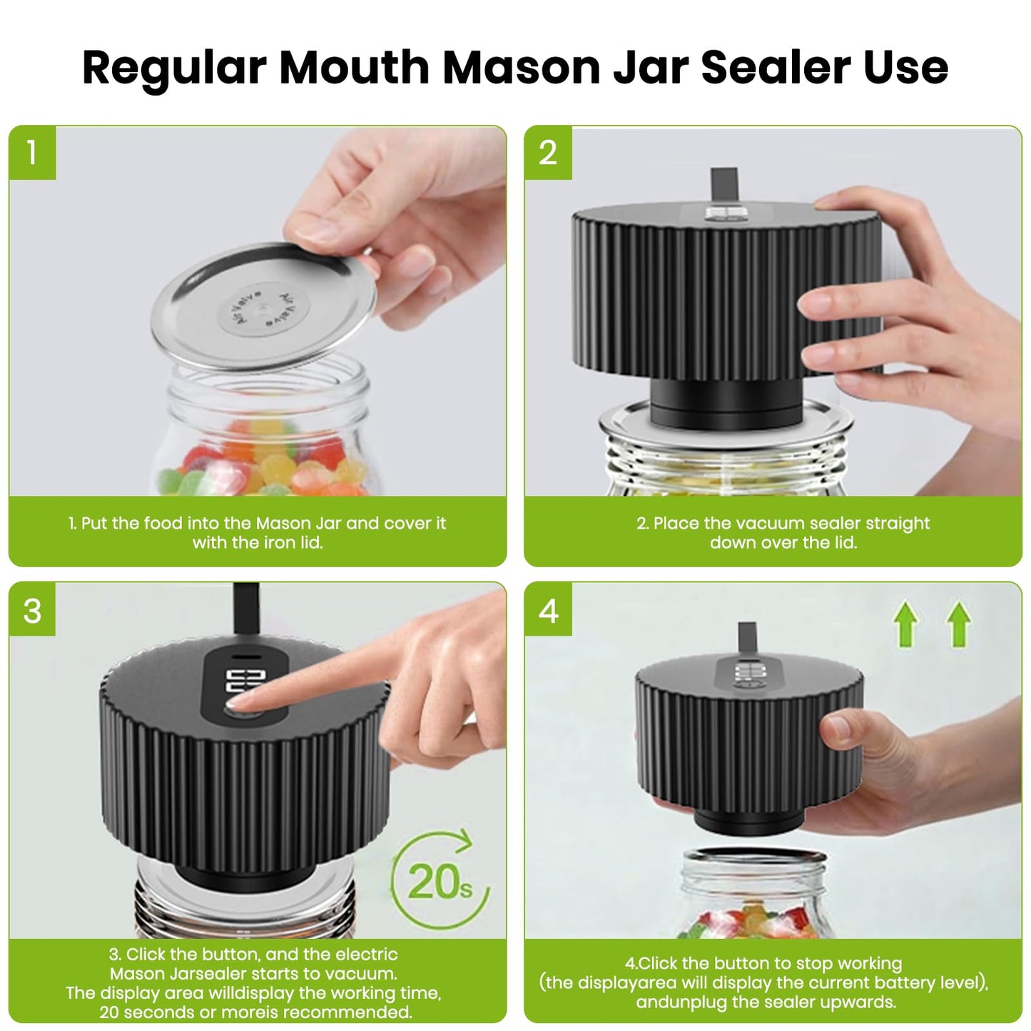 Electric Mason Jar Vacuum Sealer Kit, One-Touch Electric Sealing， for Wide-Mouth Regular-Mouth Mason Jars, Portable Vacuum Sealer for Jars, Gifts for Mom, Grandma(2026 Upgraded)