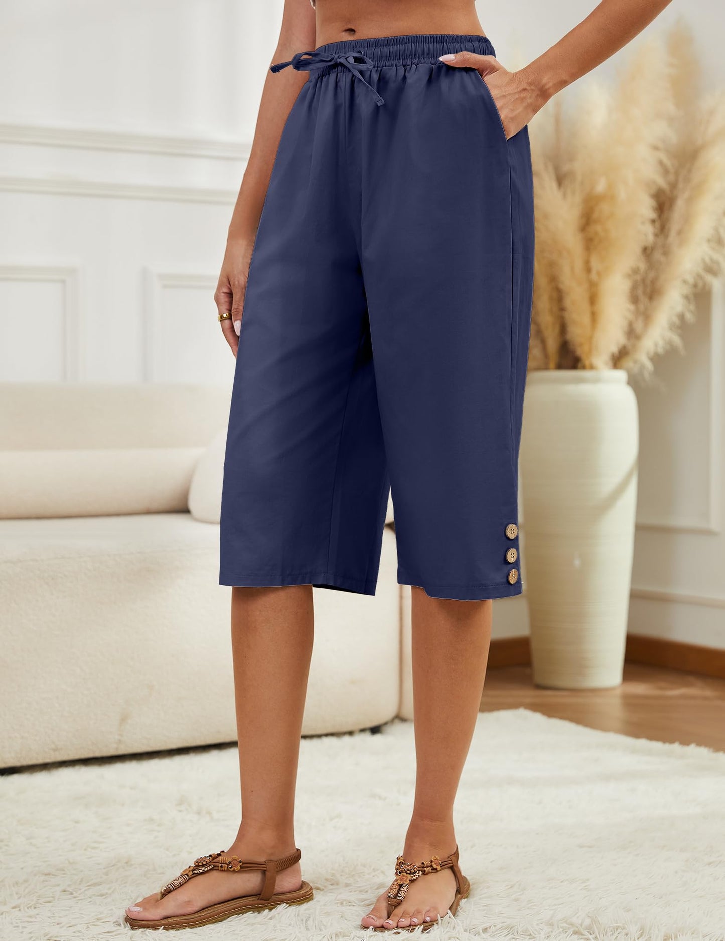 WROLEM Womens Capris Pants High Waist Drawstring Comfy Casual Pants Lightweight Trousers Buttons with Pockets NavyBlue X-Large