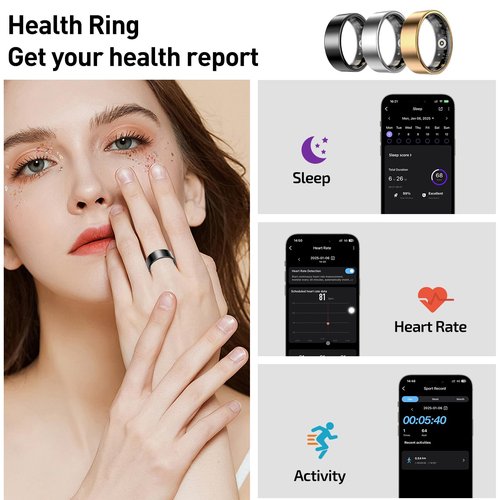 Aichiken Smart Health Ring for Women Men Fitness Tracker with Heart Rate, Blood Oxygen,Sleep Monitoring, Step Counting, IP68 Waterproof for iPhone and Android, No Subscription Fee (Gold, 7)