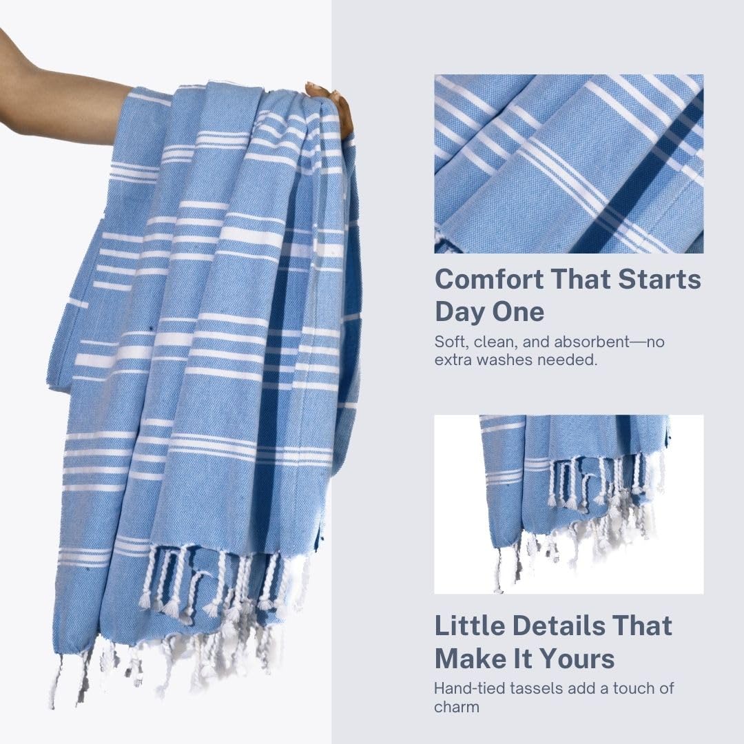 9Threads Cotton Turkish Beach Towel with Towels Oversized 36"x72" Pool Absorbent Extra Large Quick Dry Sand Travel Towel (Azure Bliss, 4 Pack)