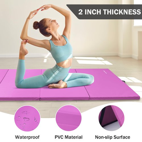 Fitvids Folding Exercise Aerobics Mat, 4'x8'x2" Extra Thick High Density Gymnastics Mat, Anti Tear Exercise Aerobics Mats for MMA, Stretching, Cheerleading Martial Arts, Gymnastic, Pink