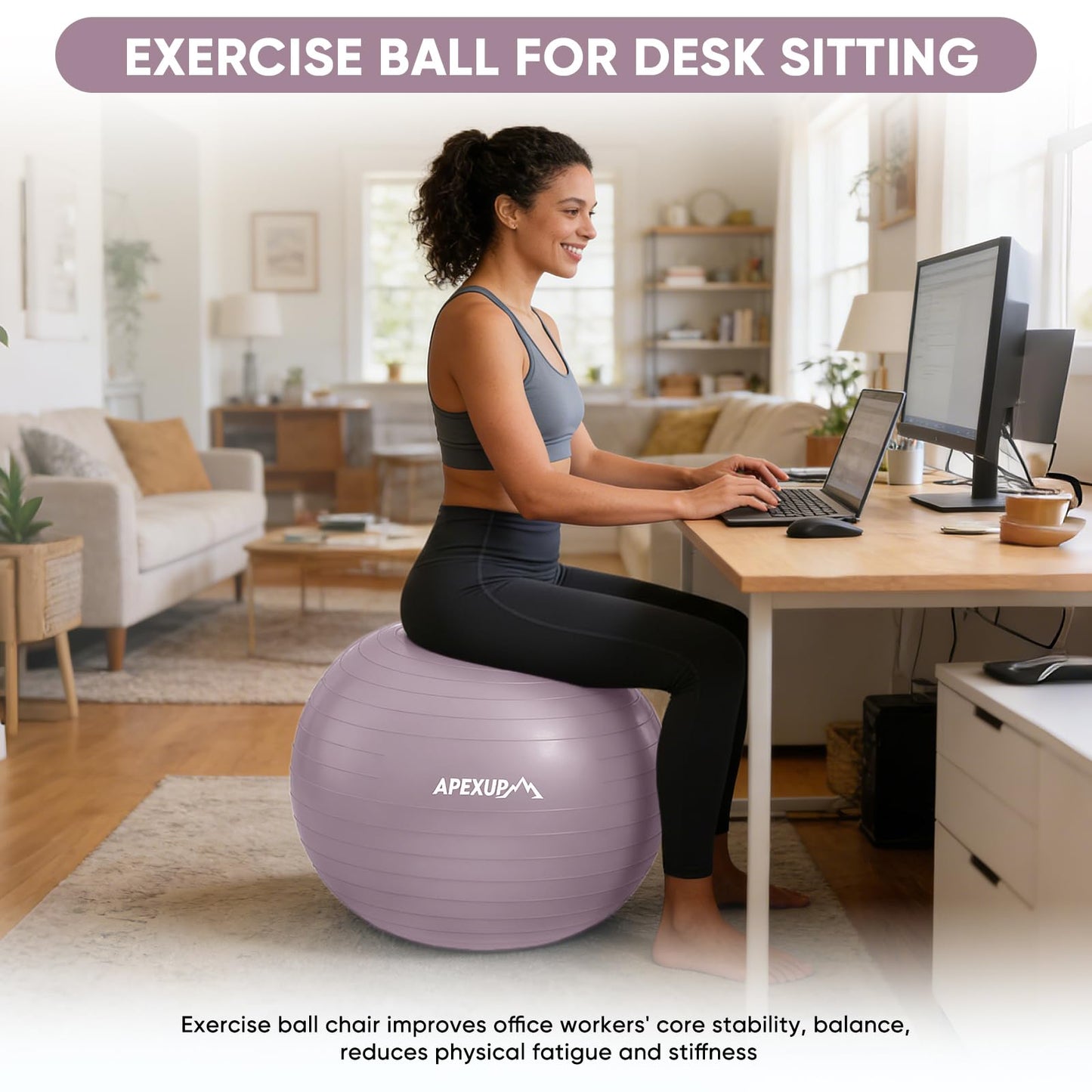 APEXUP Yoga Ball, 660 lbs Anti-Burst Exercise Ball with Pump, 5 Sizes (XL (27"~30") 75cm, Mauve)