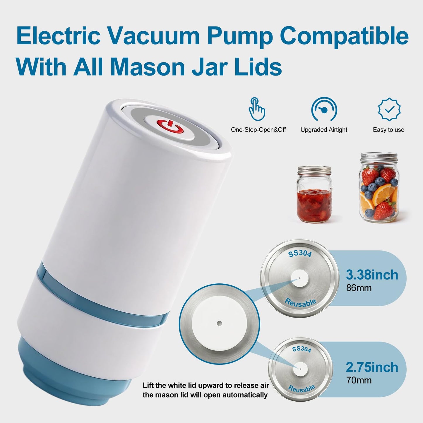 Electric Mason Jar Vacuum Sealer Kit, Sunchic 2026 Portable Jar Vacuum Sealer, No Opener Needed, Fits Wide & Regular Mouth Jars, 12 Reusable Lids & 6 Sealing Rings, Food Storage Canning Machine