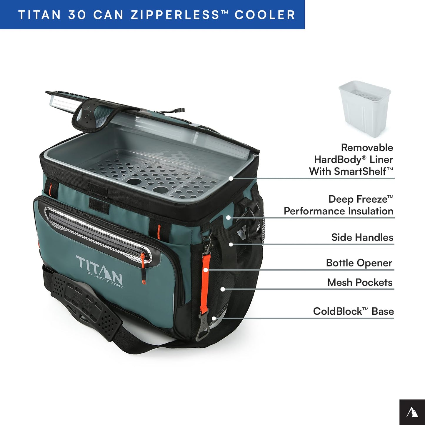 Titan by Arctic Zone Deep Freeze Cooler - 30 Can Zipperless Hardbody Cooler with Deep Freeze Insulation, HardBody Liner, and SmartShelf - Citrus Green