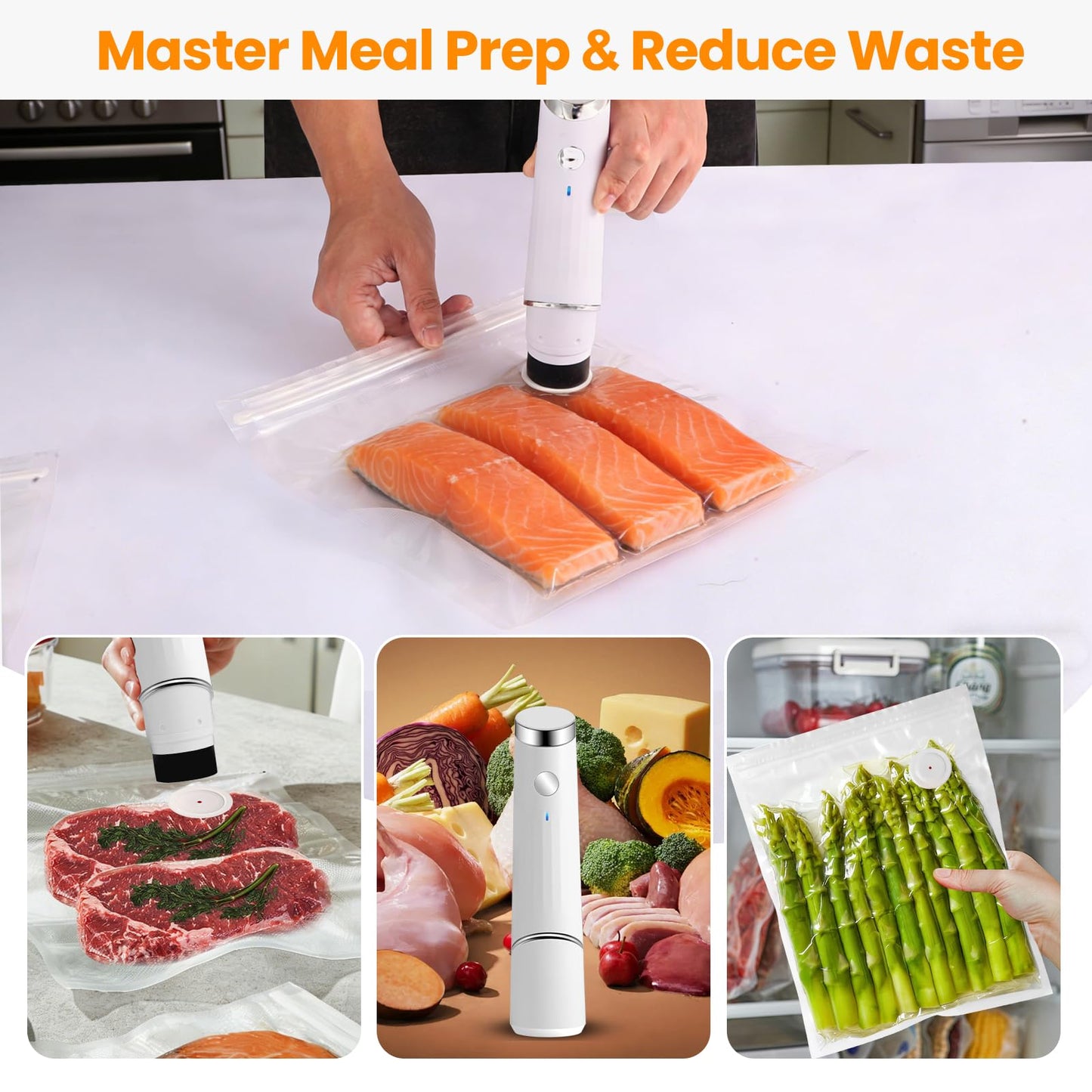 Compact Vacuum Sealer for Food (Portable Vacuum Sealer Machine+30 Reusable Bags) Compact Handheld Food Saver for Meat, Camping & RV Travel,Seal Food 6X Fresh Longer, Portable & Wireless, Easy-Clean