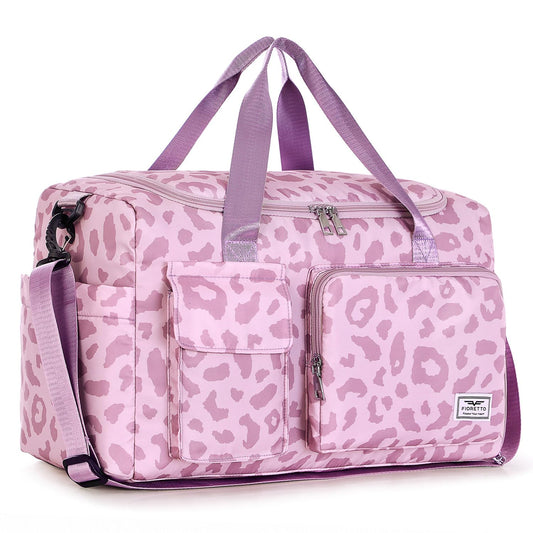 FIORETTO Women's Gym Duffle Bag with Shoes Compartment, 30L Capacity, Ideal for Travel, Gym, Sports, Duffel, Weekender, Leopard Pink