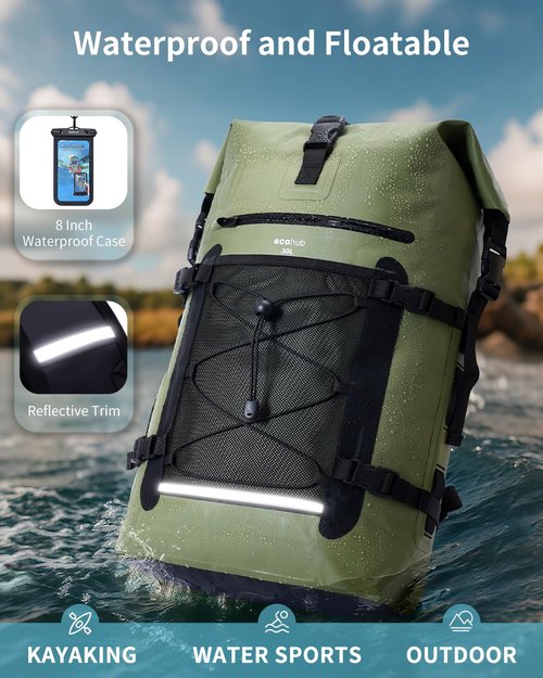 ECOHUB Waterproof Backpack for Women Men, 30L Roll-Top Closure Heavy Duty Dry Bag for Travel Kayaking Boating Hiking Floating with IPX8 Waterproof Phone Case (Green)