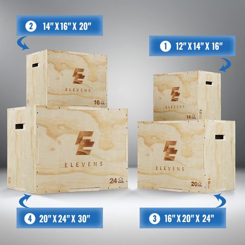Elevens 3 in 1 Wooden Plyo Box Jump Box Plyometric Box for Jumping Trainer, Skipping, Jumping, Lunges, Box Jumps, Squats, Step-Ups, Dips (16"x12"x14")