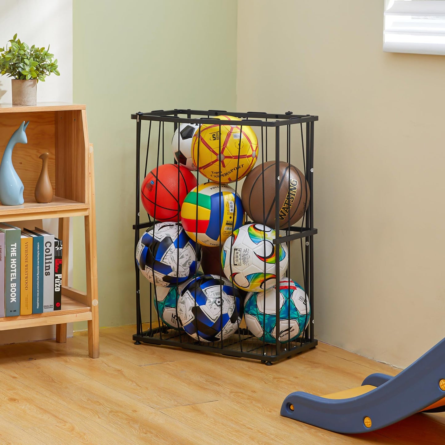 Hencawima Garage Ball Storage Wall-Mounted & Floor Sports Equipment Organizer: Sports Ball Rack with Elastic Rope, Holder for Basketball, Soccer, Volleyball, Football, Garage, Gym, Black
