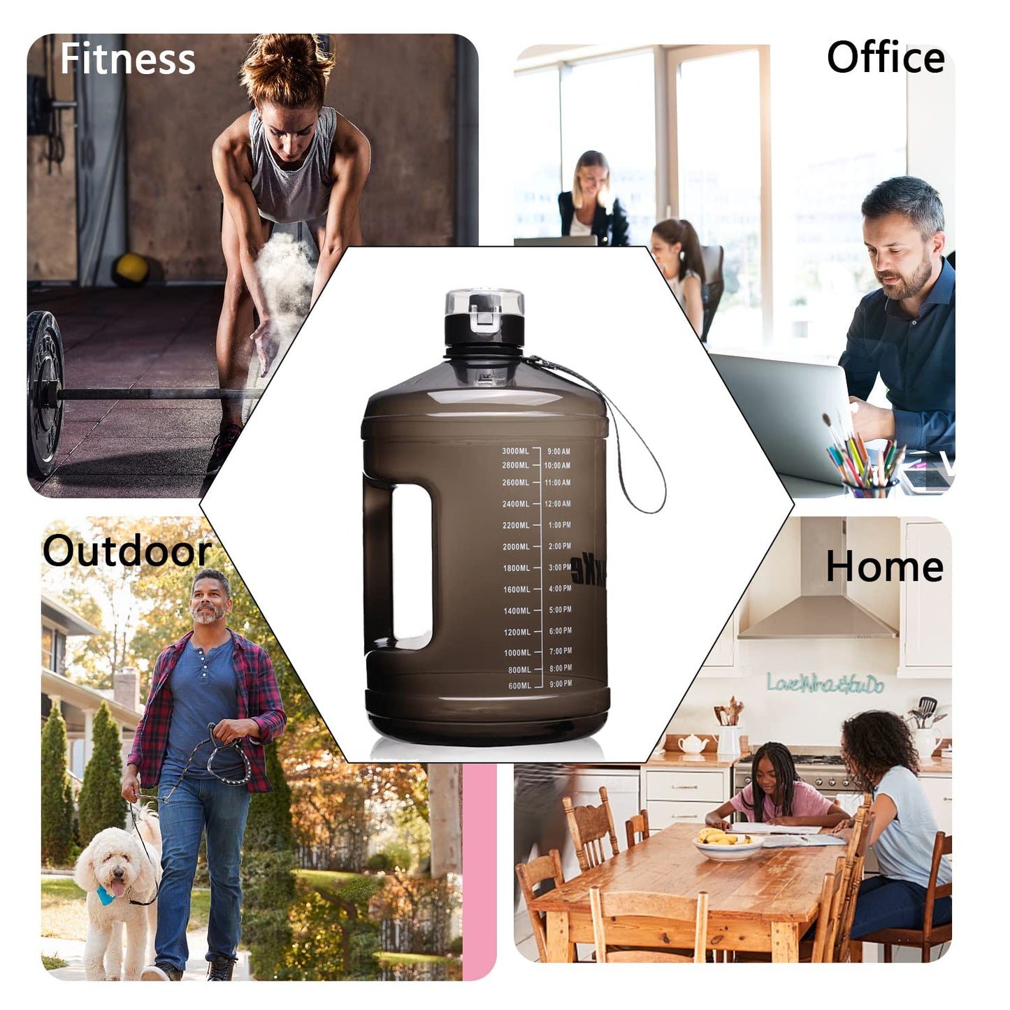 SLUXKE Gallon Big Water Bottle with Handle, 128oz Leakproof BPA Free Fitness Sports Water Bottle with Motivational Time Marker & Wide Mouth Ensure You Drink More Water