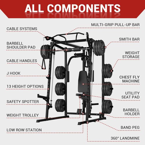 GarveeLife Smith Machine, 2000LBS Squat Rack for Home Gym, Multi-Function Power Cage Cable Crossover System Strength Training Equipment, Lat Pulldown Machines with 8 Weight Storage Pin, T-Bar and More