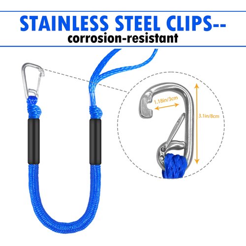 3ft Bungee Dock Lines (2-Pack) – Heavy-Duty Elastic Mooring Ropes for Boats, Jet Skis & Kayaks | Adjustable PVC Sleeve | 316 Stainless Steel Clip | Blue