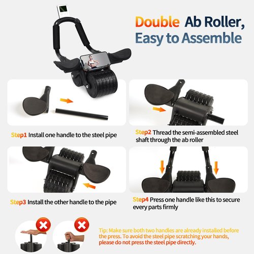 Tixahi Ab Roller Wheel with Timer & Knee Mat, Home Workout Auto Rebound Abdominal Wheel with Elbow Support - Core Workout Equipment for Strengthening Abs, Home Gym Exercise for Women & Men (Black)