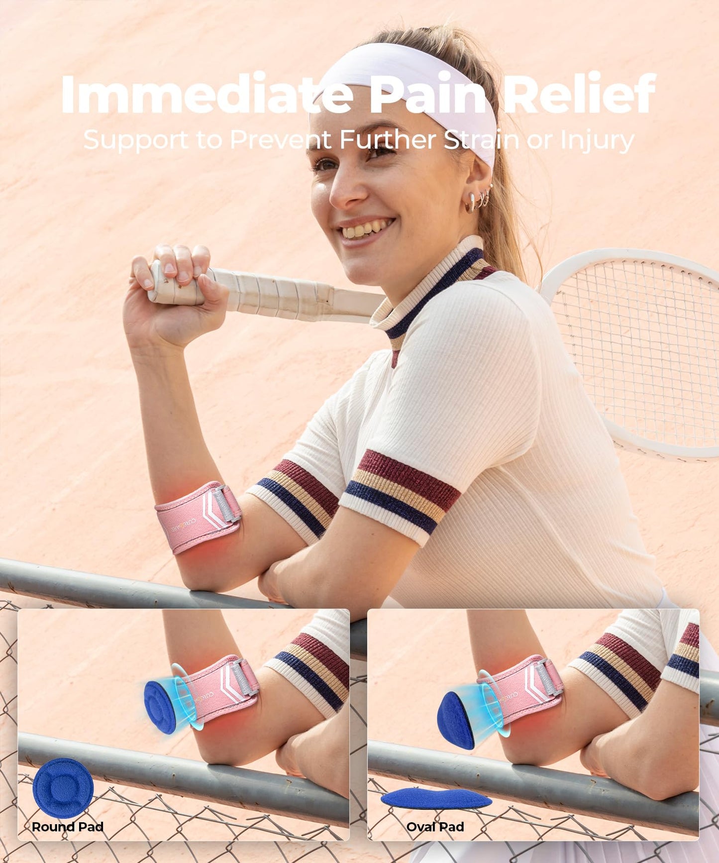 CURECARE Elbow Brace for Tennis & Golfers Pain Relief, New Updated Tennis Elbow Strap with Breathable Fabric, All Day Comfort Tendonitis Elbow Brace for Sports and Daily Life (Pink)