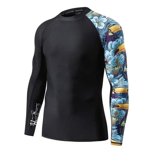 HUGE SPORTS Men's Splice UV Sun Protection UPF 50+ Skins Rash Guard Long Sleeves(HeyToucan, XL)