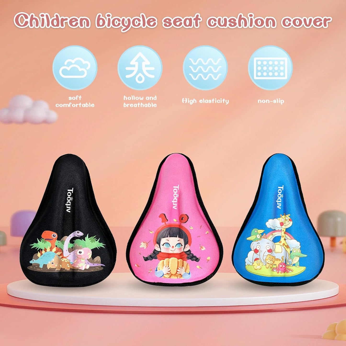 Kids Bike Seat Cushion, Kids Bike Seat Cover, with Cartoon Design, Non-Slip, Shock-Absorbing, Easy Install. Universal Fit for Boys/Girls Bicycles