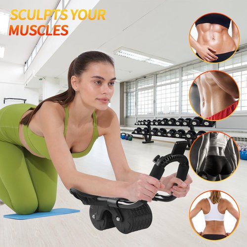 Tixahi Ab Roller Wheel with Timer & Knee Mat, Home Workout Auto Rebound Abdominal Wheel with Elbow Support - Core Workout Equipment for Strengthening Abs, Home Gym Exercise for Women & Men (Black)