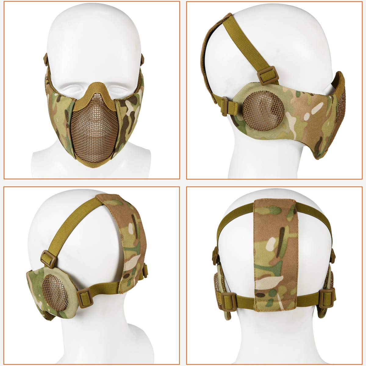 AOUTACC Airsoft Mesh Mask, Half Face Mesh Masks with Ear Protection for CS/Hunting/Paintball/Shooting (Mesh Ear, MC09)