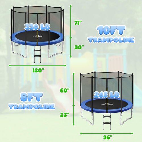 JELENS Trampoline 8FT 10FT, Outdoor Trampolines with Enclosure Net and Ladder, Recreational Anti-Rust Trampolines for Kids and Adults, ASTM Approved (Blue, 10FT)