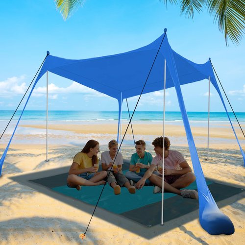 Beach Canopy, Beach Tent Sun Shelter with Beach Blanket, Beach Shade 11x11 FT with UPF 50+ UV Protection, Beach Sun Shade for Beach, Camping, Backyard and Picnics