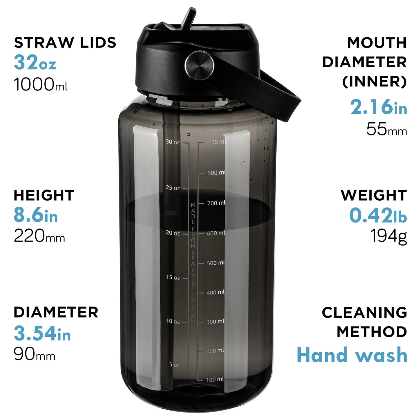 OLDLEY 32oz Water Bottle with Straw, Leakproof Tritan Clear Bottle with Marked Bottle and Carry Handle, BPA-Free Wide Mouth Reusable Sports Bottle for Gym,Hiking, Camping,Travel, Workout,Black