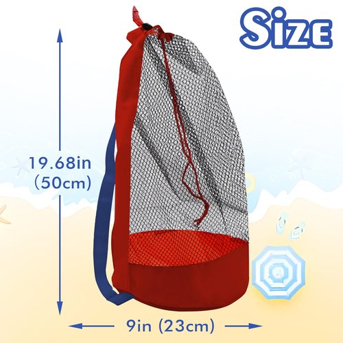 Mesh Beach Bag Drawstring Beach Backpack Foldable Toy Organizer Pouch Shell Basketball Mesh Backpack Large Capacity Swim Bag (Red)