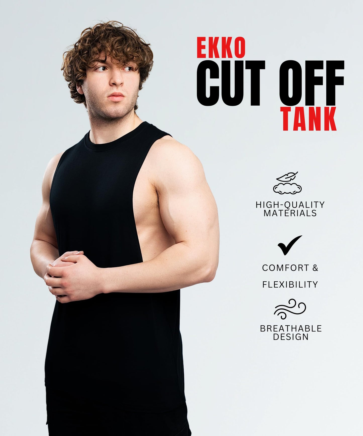 Ekkovision Cut Off Tank Top for Men, Lightweight, Breathable, Cotton Spandex Blend, Muscle Shirt Black