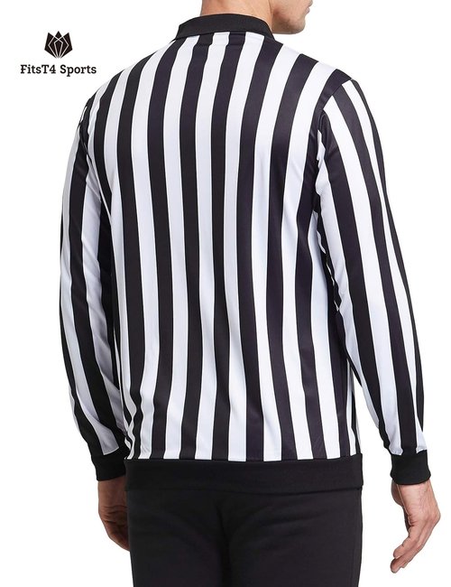 FitsT4 Sports Men's Official Black & White Stripe Referee Shirt Zipper Collared Long Sleeve Umpire Jersey Costume Pro Ref Uniform for Soccer Basketball Football Cosplay