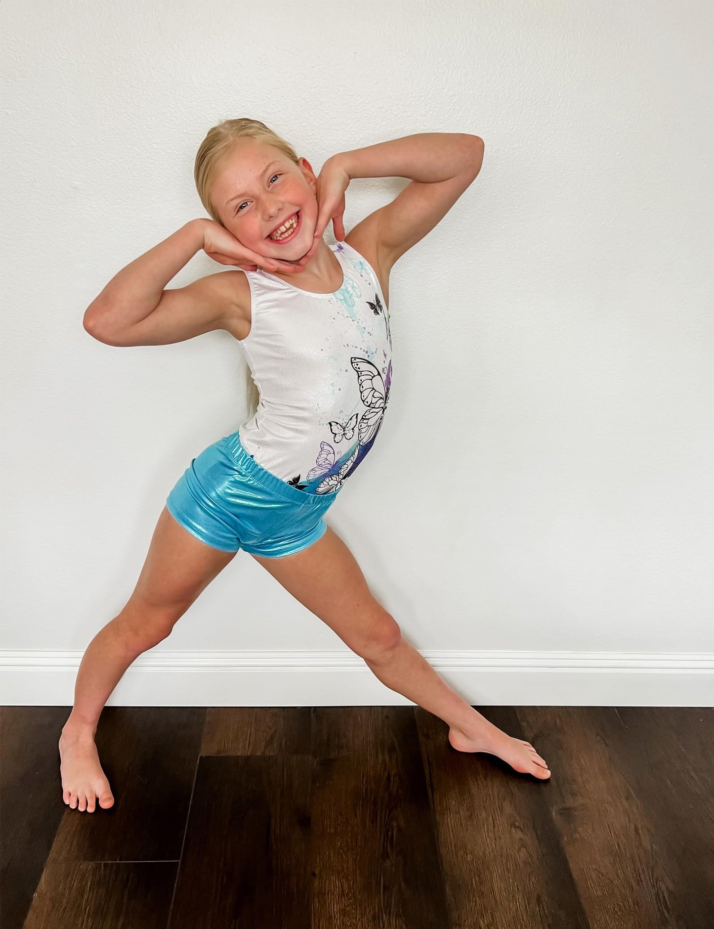 Domusgo Girls Leotards for Gymnastics Size 8-9 Years Old Set with Matching Shorts Glitter Blue Butterfly Tank