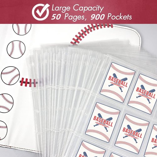 Trading Card Binder Album, PU Leather Baseball Card Binder with 900 Side Loading Pockets, Double Sided Pocket Zipper Card Binder for MTC, TCG, Game Cards, Sports Cards (Baseball)