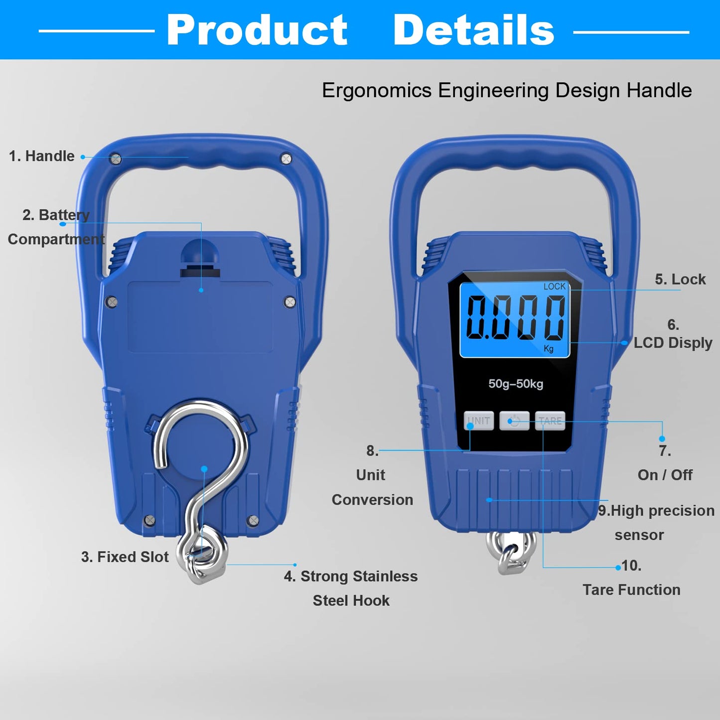 Digital Fish Scale Hanging Scale Fishing Scale,110lb/50kg Luggage Scale,Upgrade Large Handle & Backlit LCD Display, Electronic Balance Digital Fishing Postal Scale,Blue,Fishing Gifts for Men