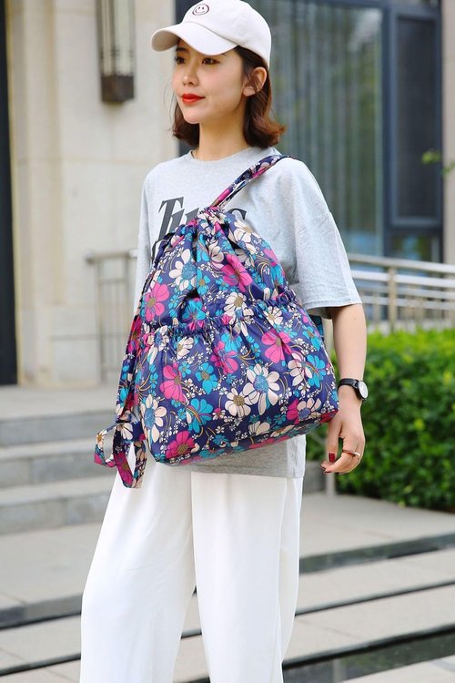 YUNZLAN Floral Large Drawstring Backpack with 4 Pockets String Swim Gym Bag for Women Lightweight Cinch Bag Travel and Daily Use