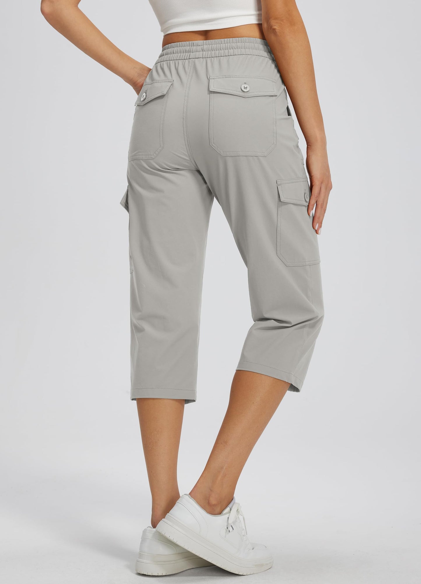 Libin Women's Capri Pants Cargo Capris Travel Hiking Casual Summer Cropped Pants Stretch Quick Dry Water Resistant, Light Gray L