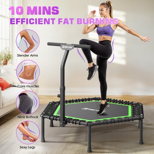 BCAN 51" Mini Hexagon Trampoline, Adult Fitness Trampoline with T-Adjustable Handle Bar, Silent Bungees, Larger, More Stable, Quiet Indoor/Garden Workout - Green