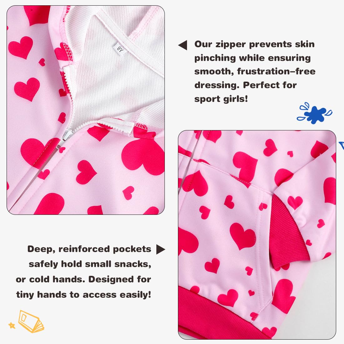 Belovance Girls Graphic Zip Up Hoodie Sweatshirt with Pockets Kids Tween Hooded Coat Casual Loose Outerwear Autumn Long Sleeves Oversized Novelty Lightweight Jacket Top Cute Pink Hearts 8-10 Years