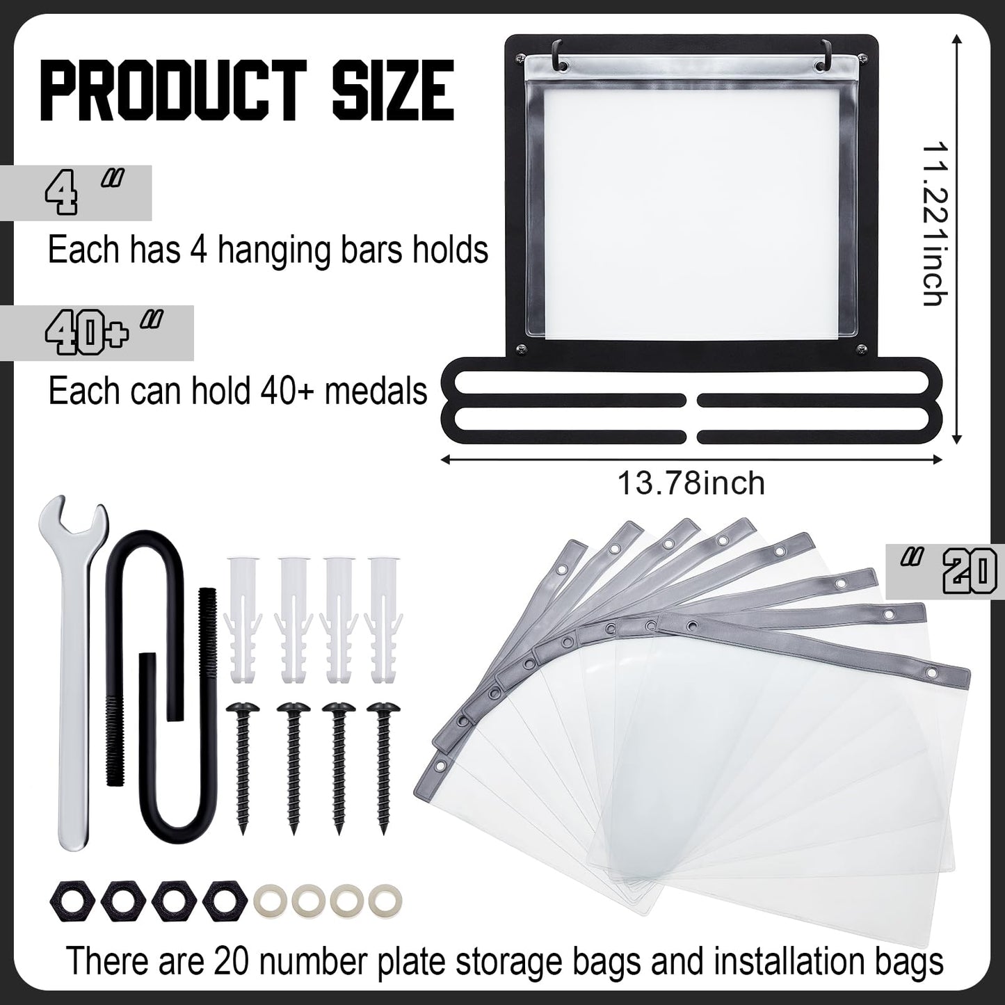 Moxweyeni 2 Pcs Medal and Bib Display Medal Hanger Running Race Bib Holder Wall Mounted Hanging Rack Stands Gifts for Runners(Black,13.78 x 11.22 Inch)