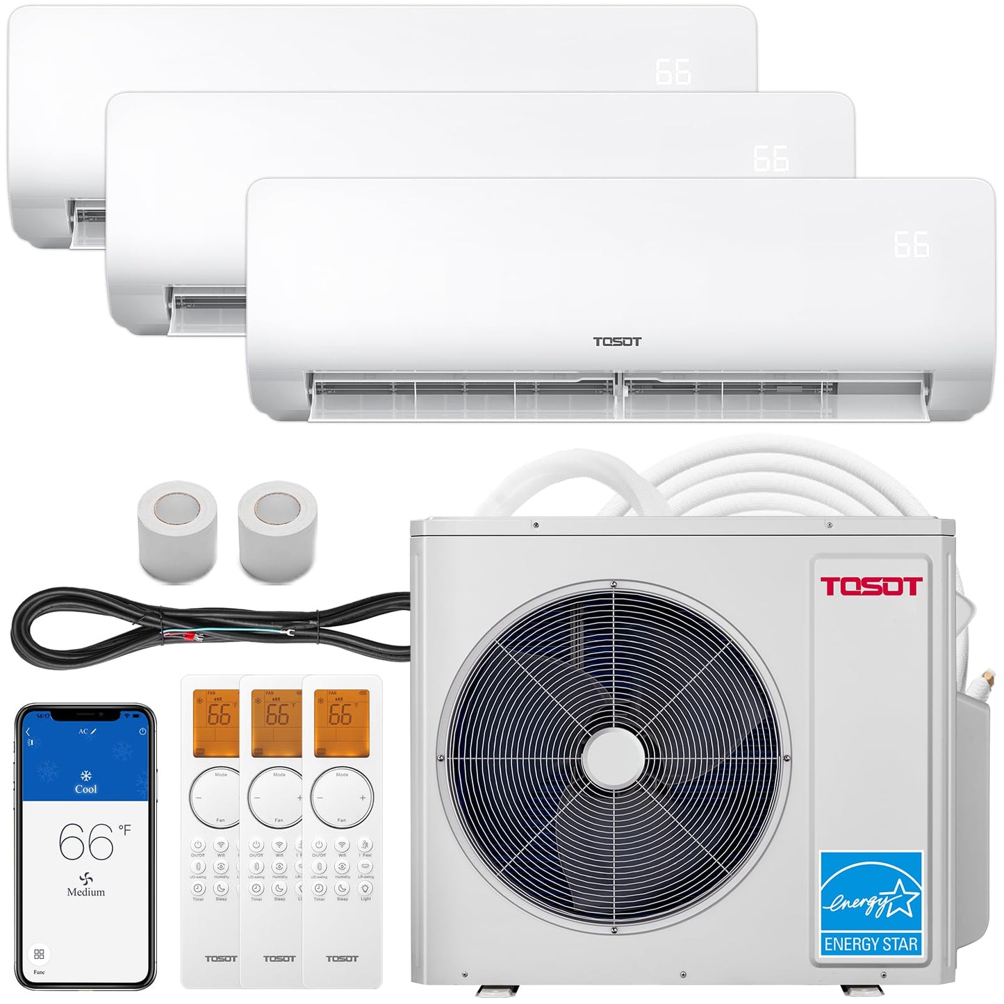 TOSOT 30,000 BTU 3 Zone Mini Split Air Conditioner with Heat Pump, 21 SEER2, 230V, Wifi-Enabled Ductless Inverter Split System with 16.4 ft Copper Line Set, 9,000 + 9,000 + 12,000 BTU, Cosmo Series