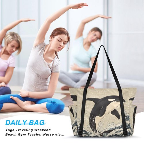 MCHIVER Killer Whales Waves Beige Black Yoga Bags for Women Pilates Bag with Adjustable Space for Yoga Mat Carrier for Beach Office Gym Workout Travel