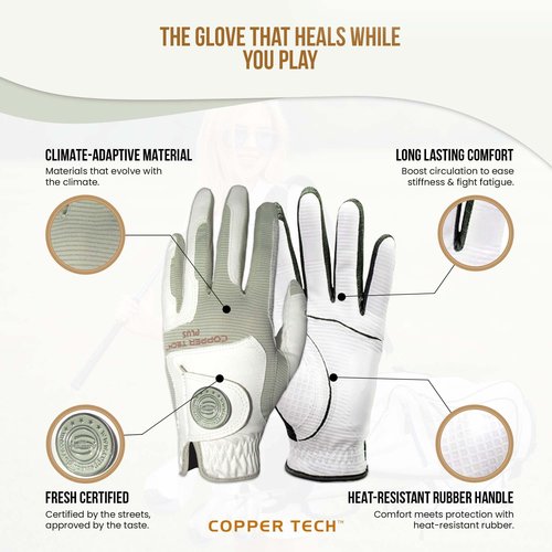 Copper Tech Plus Women’s Copper Infused Golf Glove – White/Khaki – Compression Support, Non-Slip Grip, Arthritis Relief, Pain Support, USGA Approved, One Size