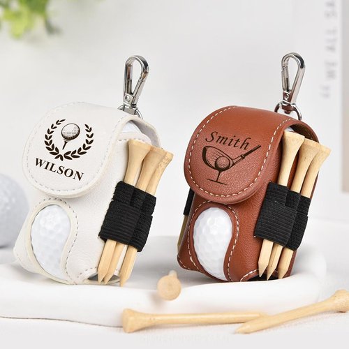 EDSG Personalized Golf Ball Bag Leather Golf Ball & Tee Holder with Belt Clip Personalized Gifts for Men Women Golfers Fathers Day Birthday Personalized Gift for Dad Grandpa Uncle (Pink)