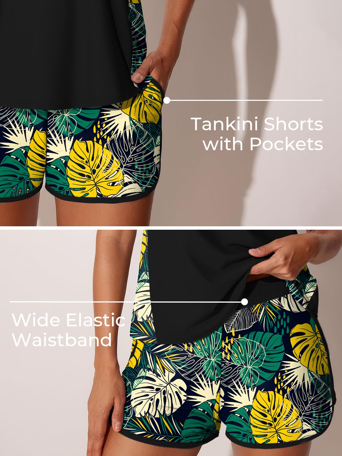 Summer Mae Blouson Tankini Swimsuits for Women 2026 Tummy Control Two Piece Bathing Suits with Sporty Pockets Swim Shorts Yellow Green Monstera Size 10