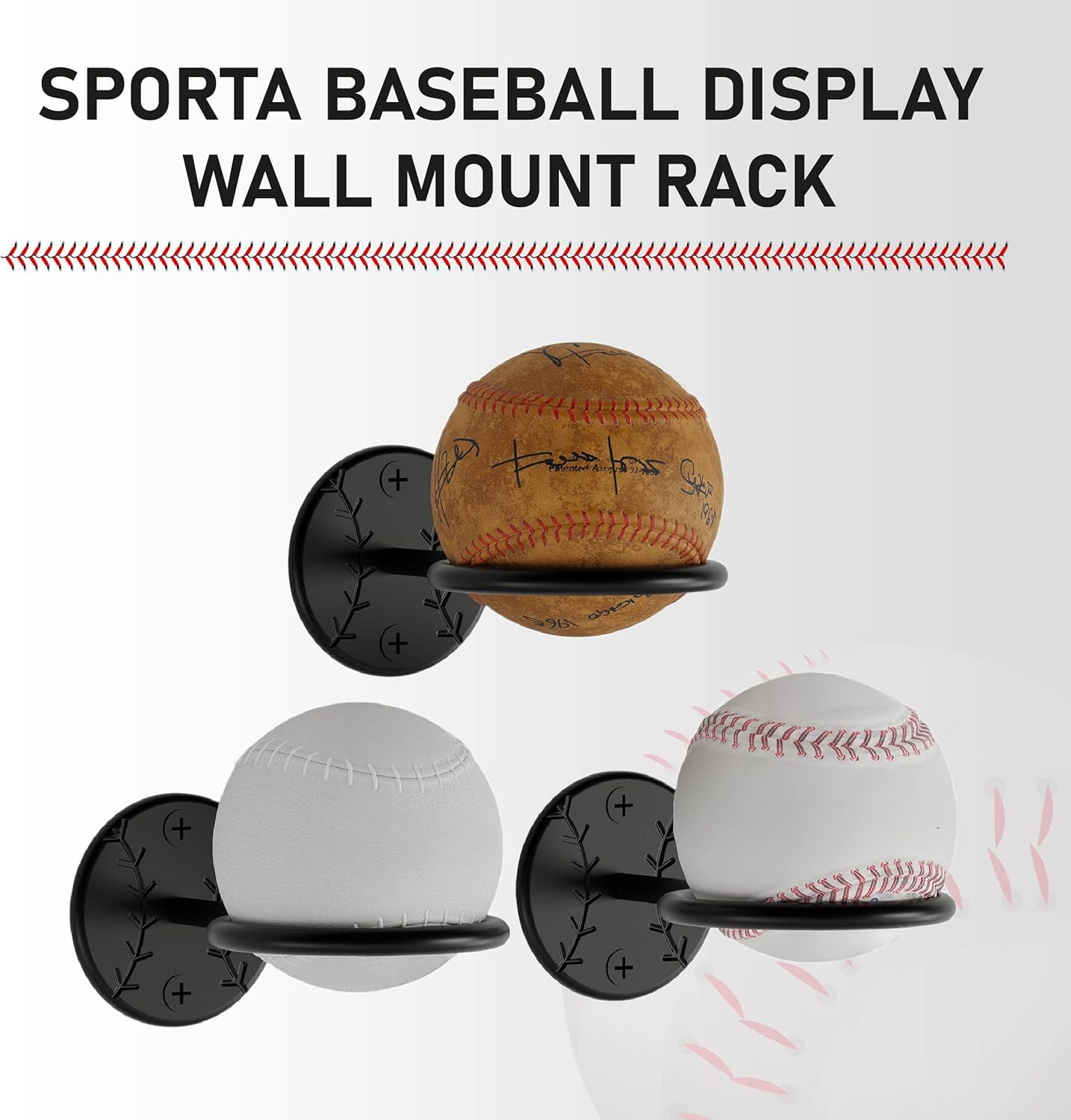 Wallniture Sporta Baseball Bat and Ball Holder Wall Mounted Organization and Storage Rack Set of 3 Metal Black