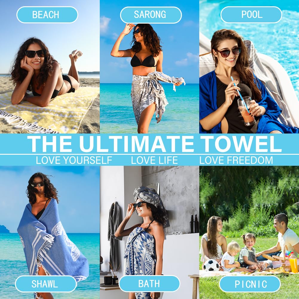 Widdonen Thin Turkish Beach Towel Lightweight Quick Dry Absorbent Cotton Bathroom Bath Pool Swim Towels Extra Large Oversized Sand Free Beach Accessories Essentials Cloud Gifts for Adult