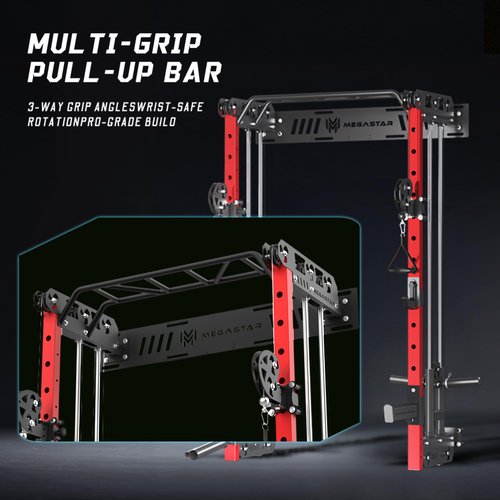 MEGASTAR Wall Mounted Power Rack Home Gym Package – 1600LB Capacity Compact Commercial Home Gym with Dual Cable Crossover, LAT Pulldown & Multi-Grip Pull-Up Bar for Small Spaces, P67 Striker Red