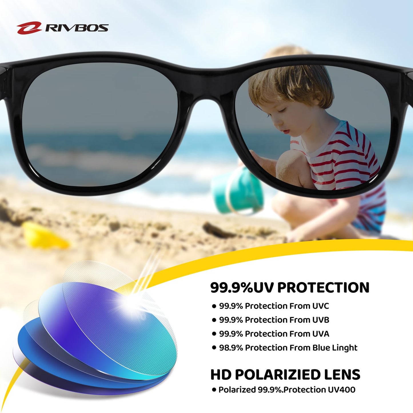 RIVBOS Kids Sunglasses Boys&girls with Strap Polarized Rubber Flexible Shades for Toddler and Children Age 3-10 RBK004-2 Black