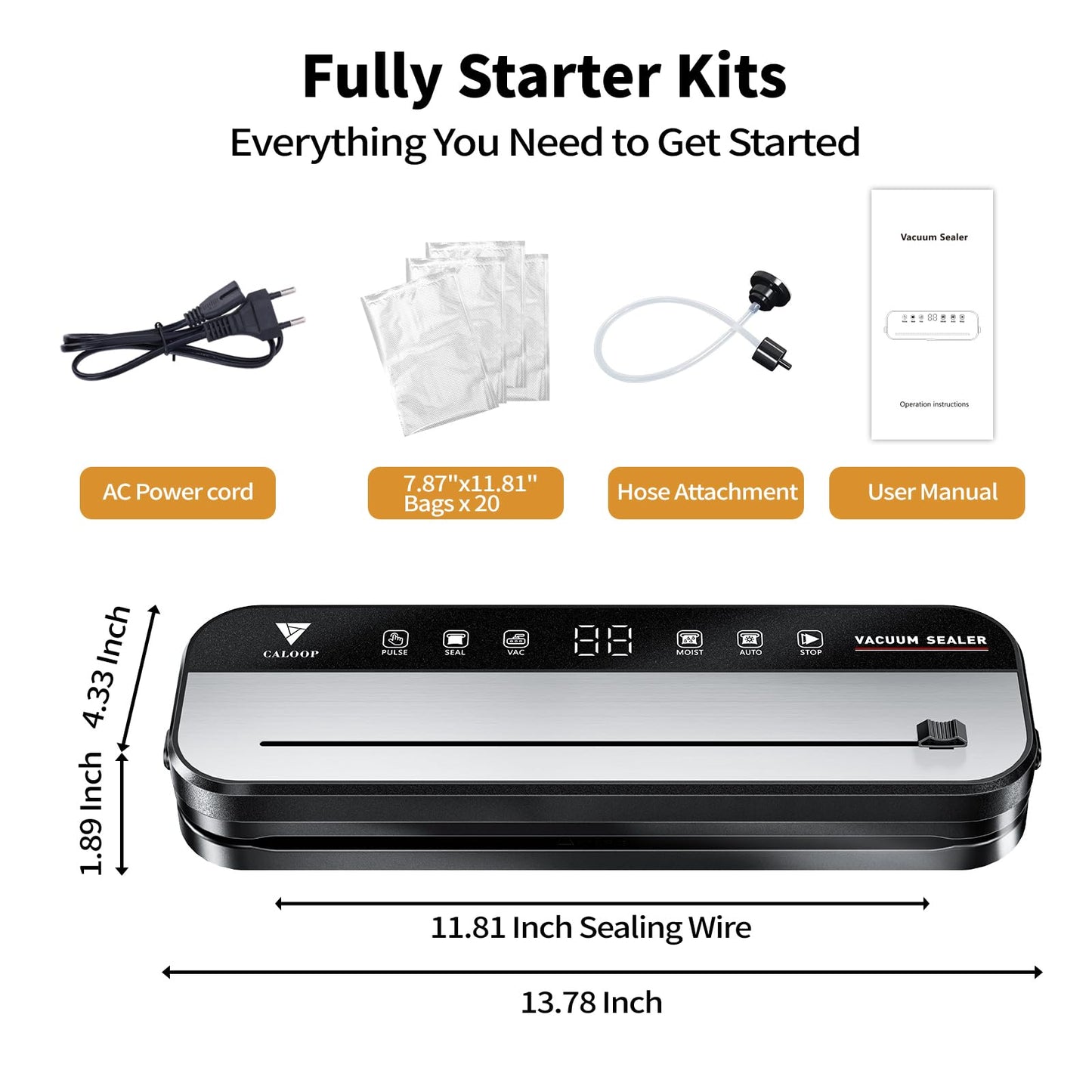 CALOOP Food Vacuum Sealer Machine with 20 Seal Bags, 80 Kpa Powerful Food Saver for Kitchen Storage, Dry/Moist Modes, Digital Countdown Timer, Compact Lightweight, Build-in Cutter