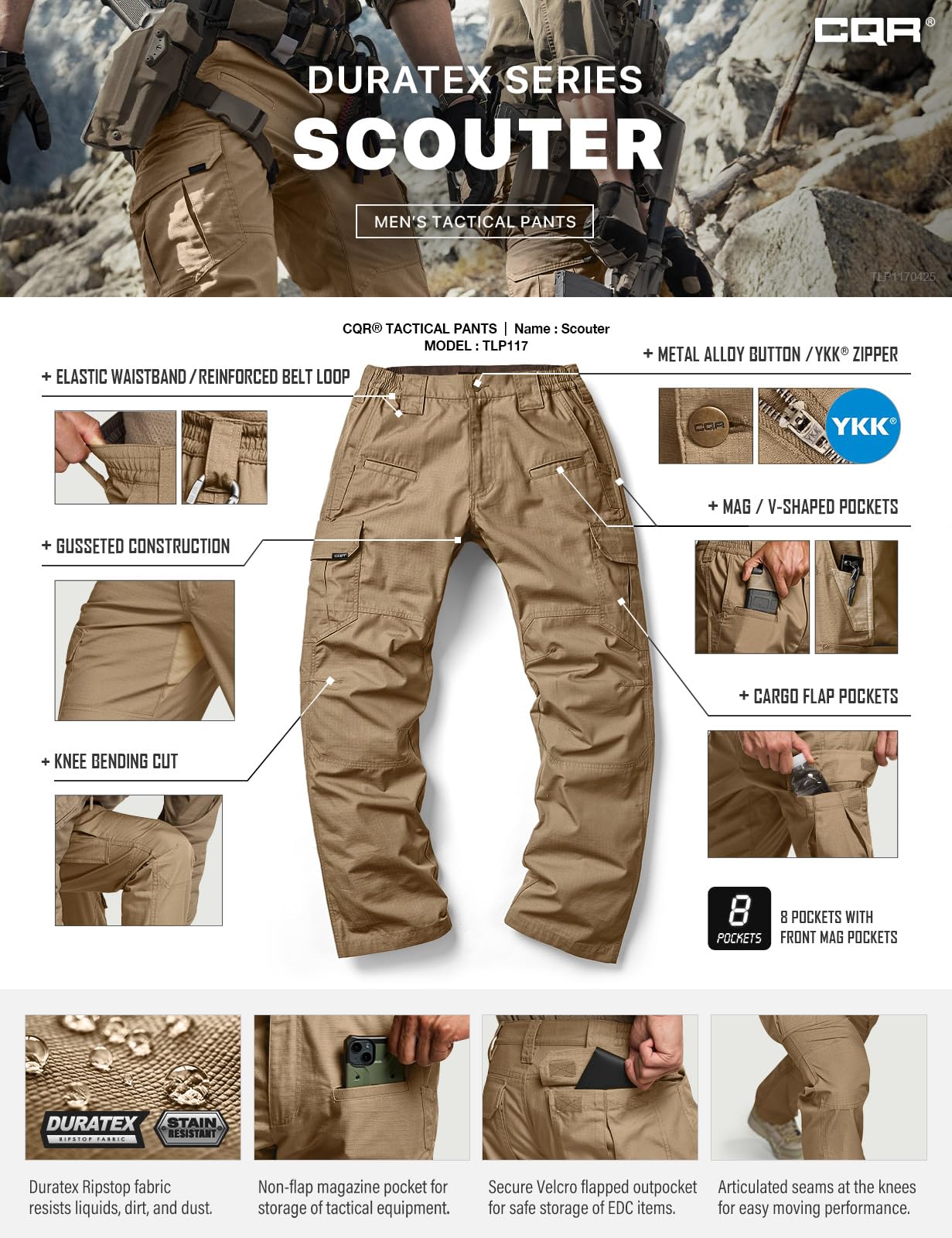 CQR Men's Tactical Pants, Water Resistant Ripstop Cargo Pants, Lightweight EDC Work Hiking Pants, Outdoor Apparel, Raider Cougar, 32W x 30L