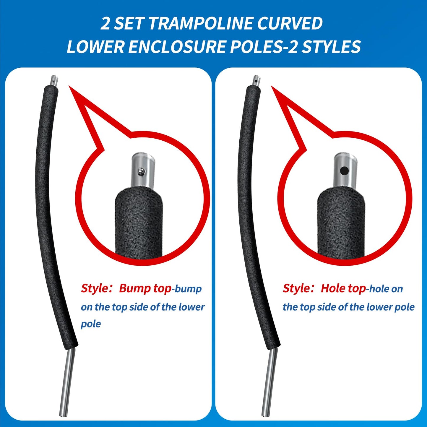2 Sets Trampoline Curved Lower Enclosure Poles Fit for 12-16FT Trampoline Frame, Lower Net Pole Replacemnet with Foam Cover Padding, Hardwares-2 Style