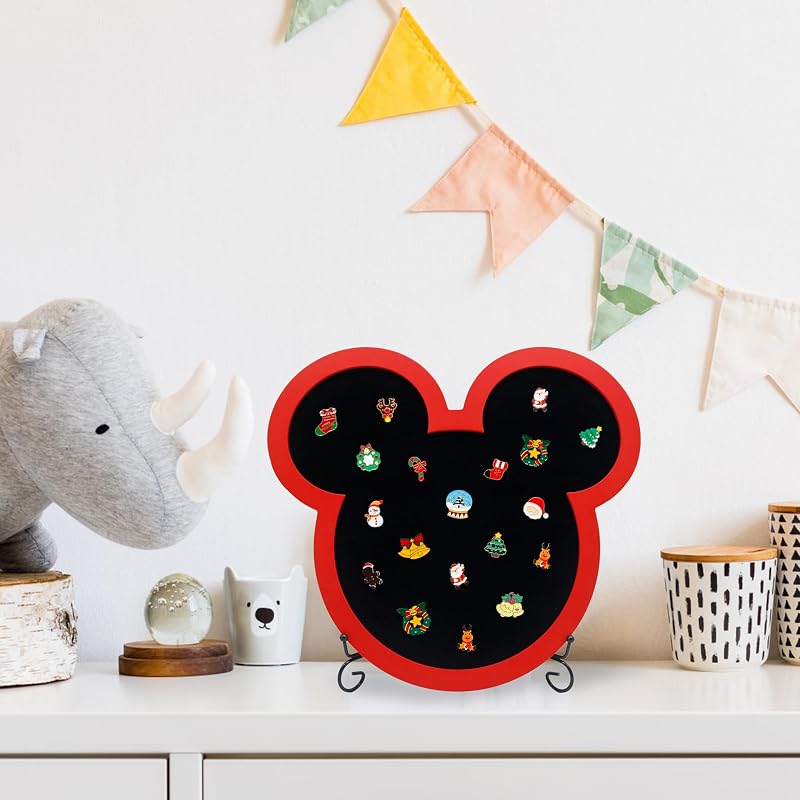 Pin Board Display Case Frame with Stand Easel - Velvet Mouse Design, Red+Mouse