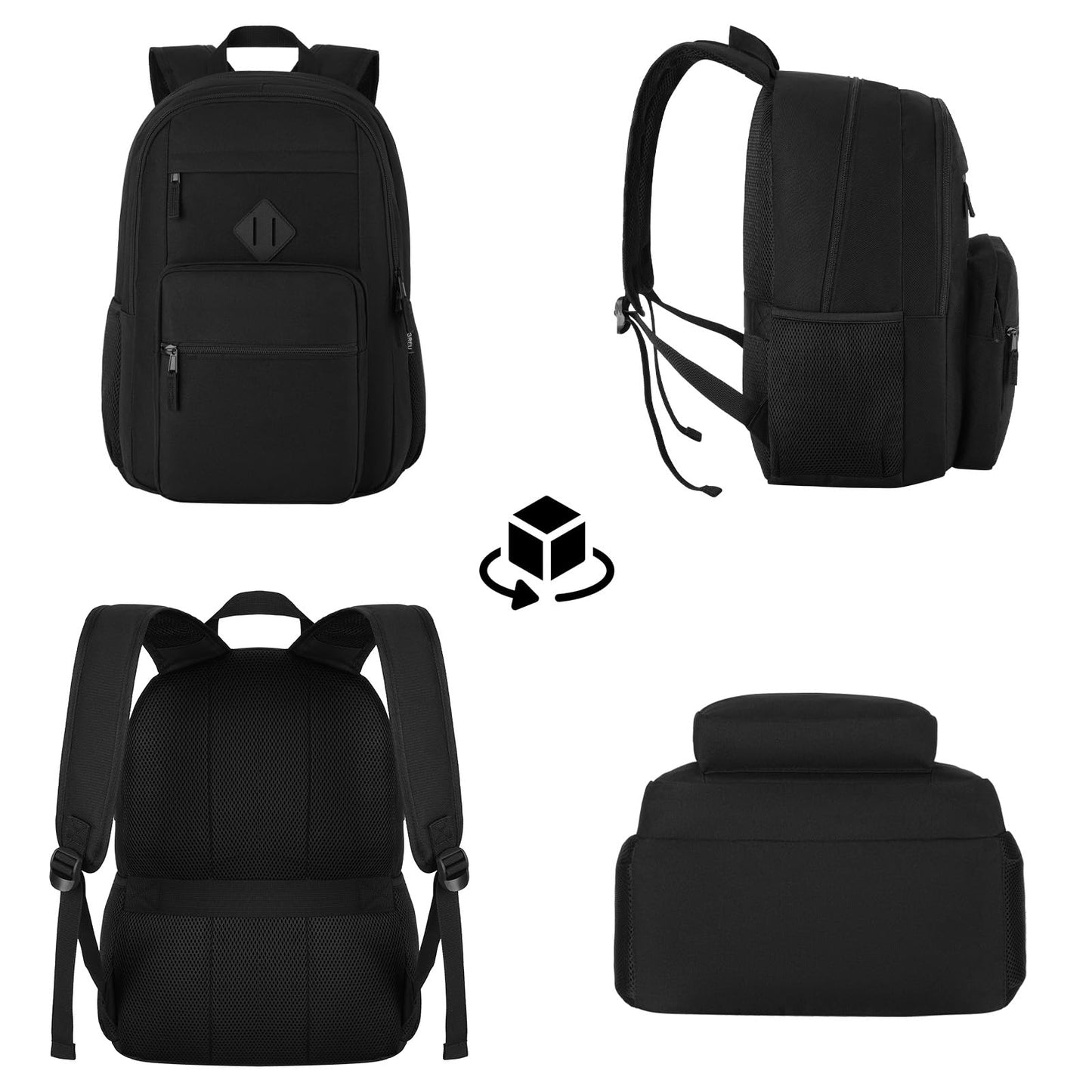 Atrgreu Black Backpack for Men and Women, Lightweight School Backpack Teen Boys Girls, Casual Bookbag, Daily-use Travel Laptop Backpack Fits 15.6 Inch Notebook